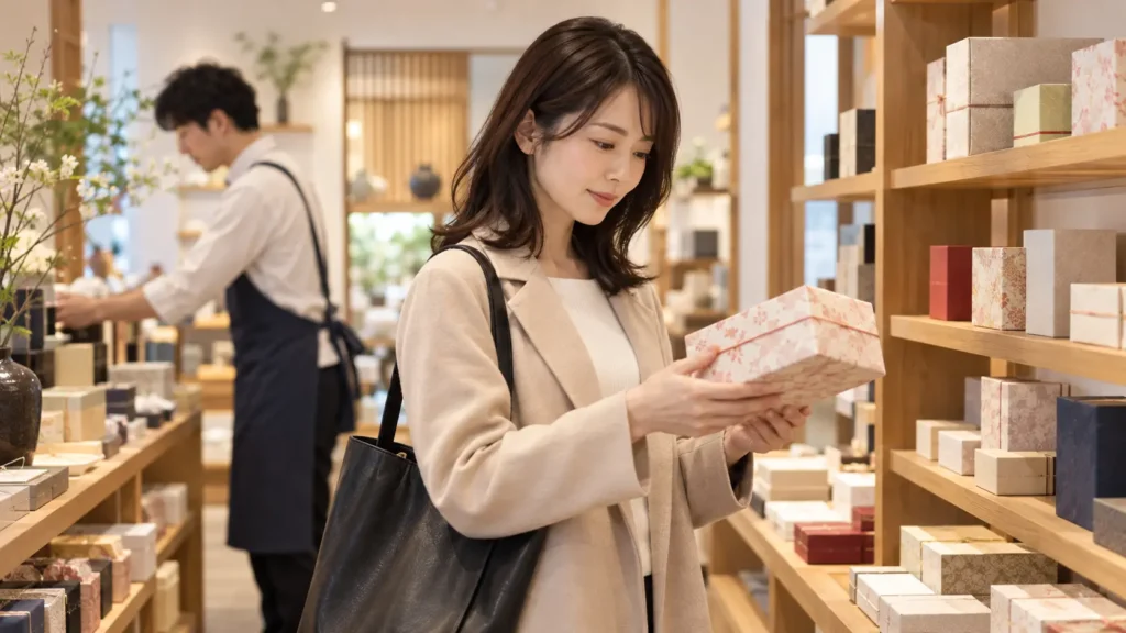 日本のギフトショップで、女性が棚の贈答用の箱を手に取って選んでいるところ