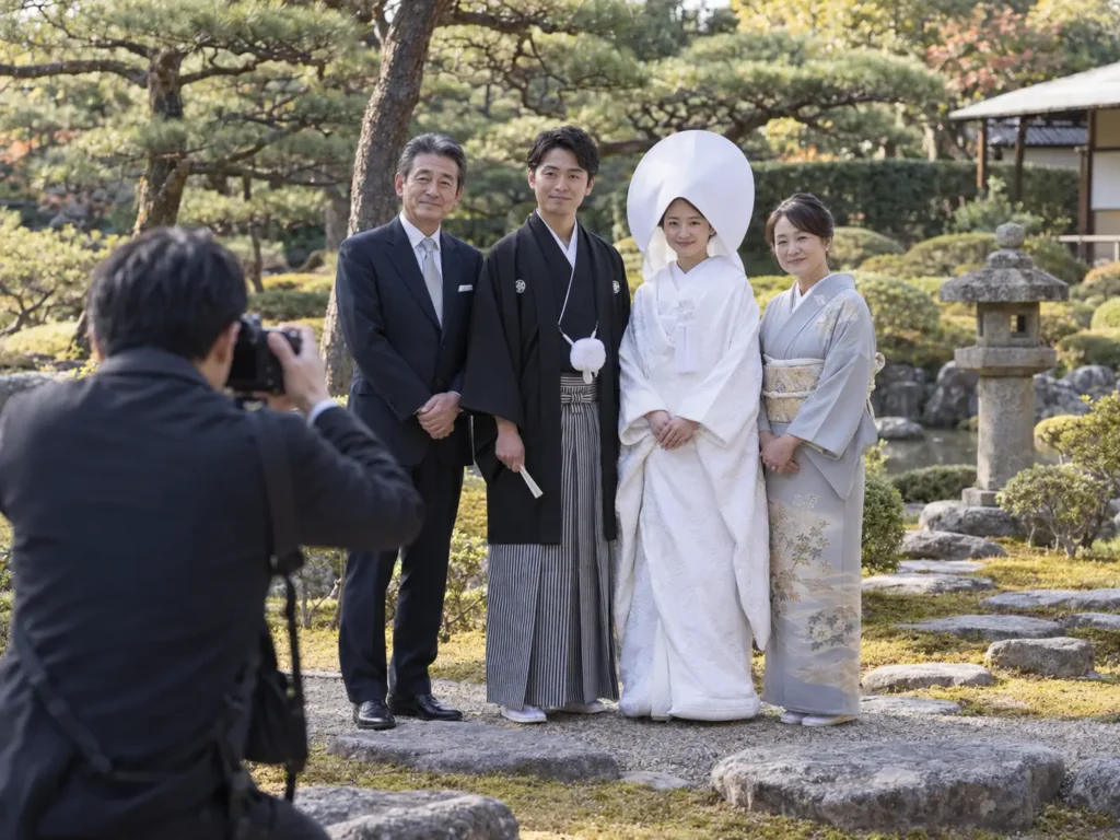 日本庭園で、紋付羽織袴の新郎と白無垢の新婦が、新婦の両親と並んでカメラマンに撮影されているところ