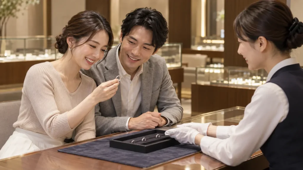 日本の宝飾店のカウンターで、二人が店員の出したトレーの結婚指輪を手に取って見ているところ