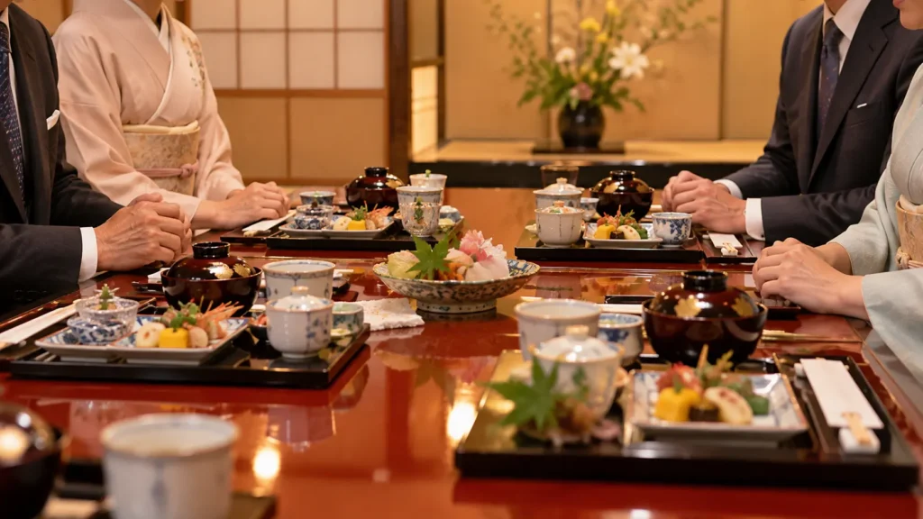 料亭の個室に両家がそろい、漆塗りの座卓に会席料理が並んでいる顔合わせの食事会