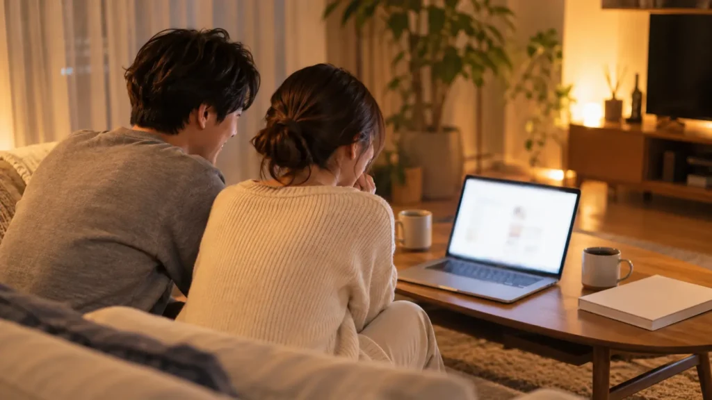 日本の住宅のリビングで、夜に二人がソファに並んでノートパソコンの画面を一緒に見ているところ