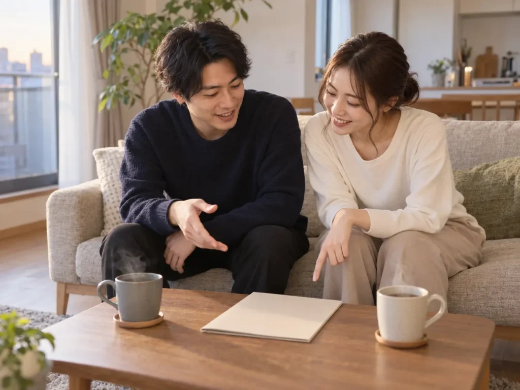日本のマンションのリビングで、ソファに並んで座り、テーブルの上の無地のパンフレットを指さしながら話している夫婦