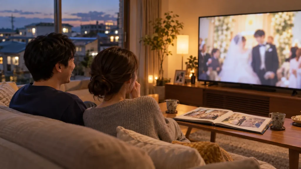 夕方のリビングで夫婦がソファに並び、テレビに映る自分たちの結婚式の映像を見ているところ