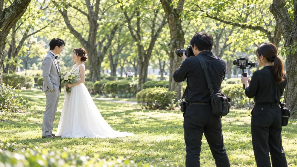 公園のロケーション撮影で、カメラマンが写真を撮り、その横でスタッフがビデオカメラで撮影の様子を撮っているところ