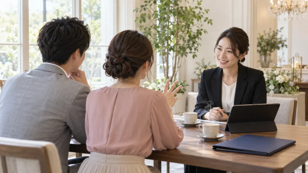 結婚式場の打ち合わせスペースで、二人の背中越しに、女性プランナーと向かい合って人数を相談しているところ