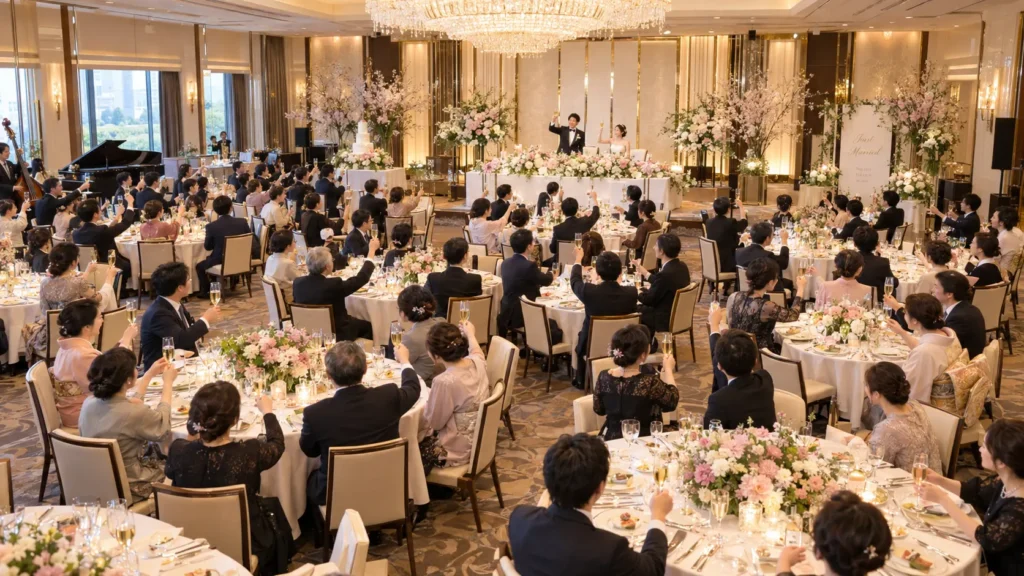 ホテルの披露宴会場で、円卓に座った大勢のゲストがグラスを掲げて乾杯しているところ