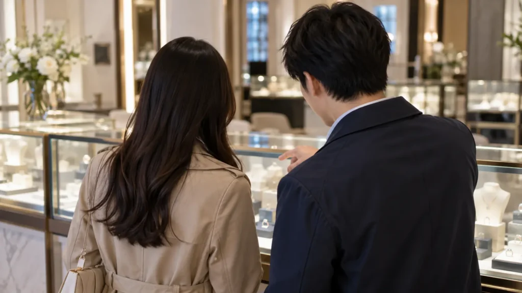 宝飾店のショーケースの前で、ベージュのコートの女性と紺のジャケットの男性が並び、男性がケースの中を指さしている後ろ姿