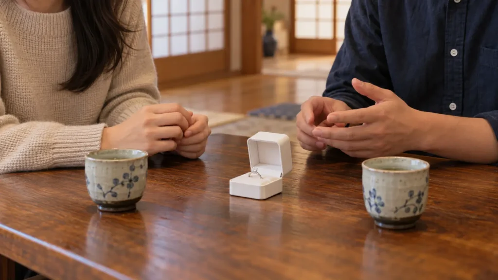 和室の木のテーブルに婚約指輪のケースと湯呑みが置かれ、ニットの女性とシャツの男性が並んで話している手元