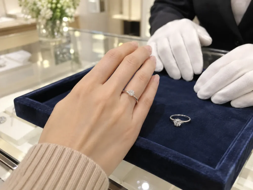 宝飾店のカウンターで、ニットの袖の女性が一粒ダイヤの婚約指輪を薬指にはめ、紺のトレーにもう1本が置かれているところ