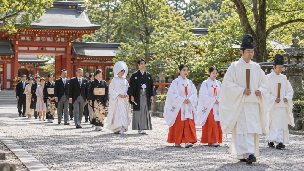 神社の参道を、神職と巫女に先導されて歩く白無垢の新婦と黒紋付の新郎、親族