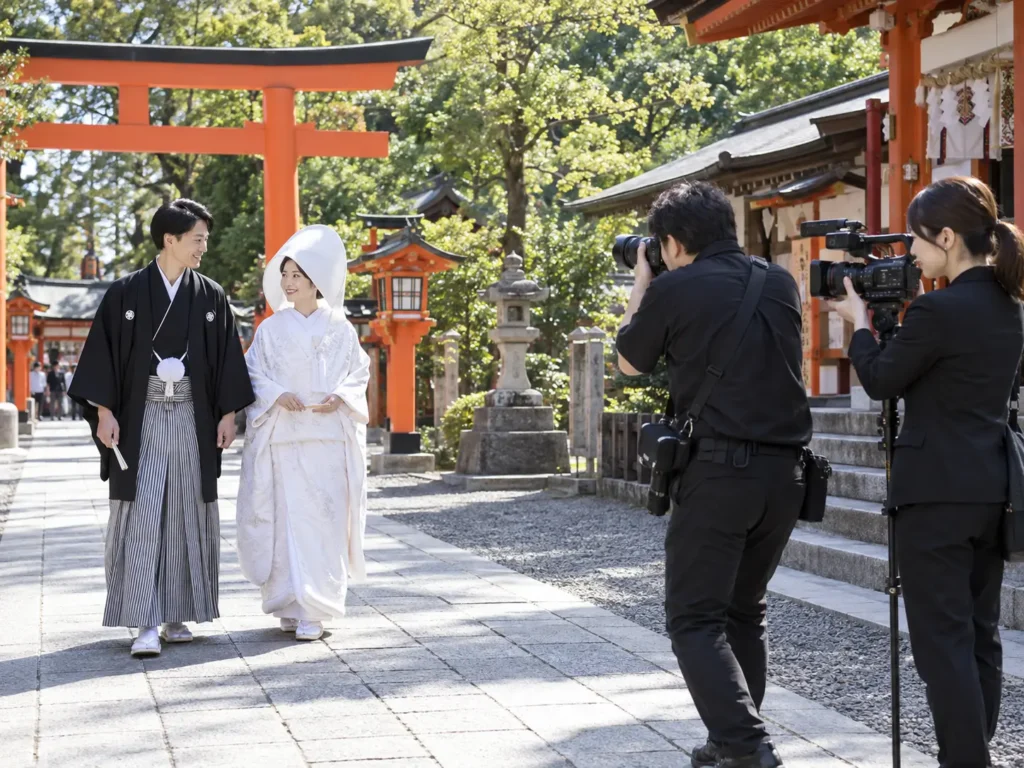 神社の境内を白無垢と紋付袴の新郎新婦が歩き、カメラマンとビデオカメラマンが並んで撮影しているところ