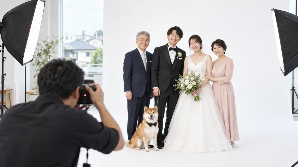 白い背景の写真スタジオで、新郎新婦と新婦の両親、柴犬が並んでカメラマンに撮影されているところ