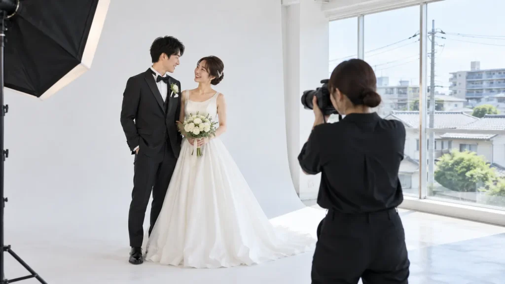 白い背景の写真スタジオで、タキシードの新郎とウェディングドレスの新婦を、女性カメラマンが撮影しているところ