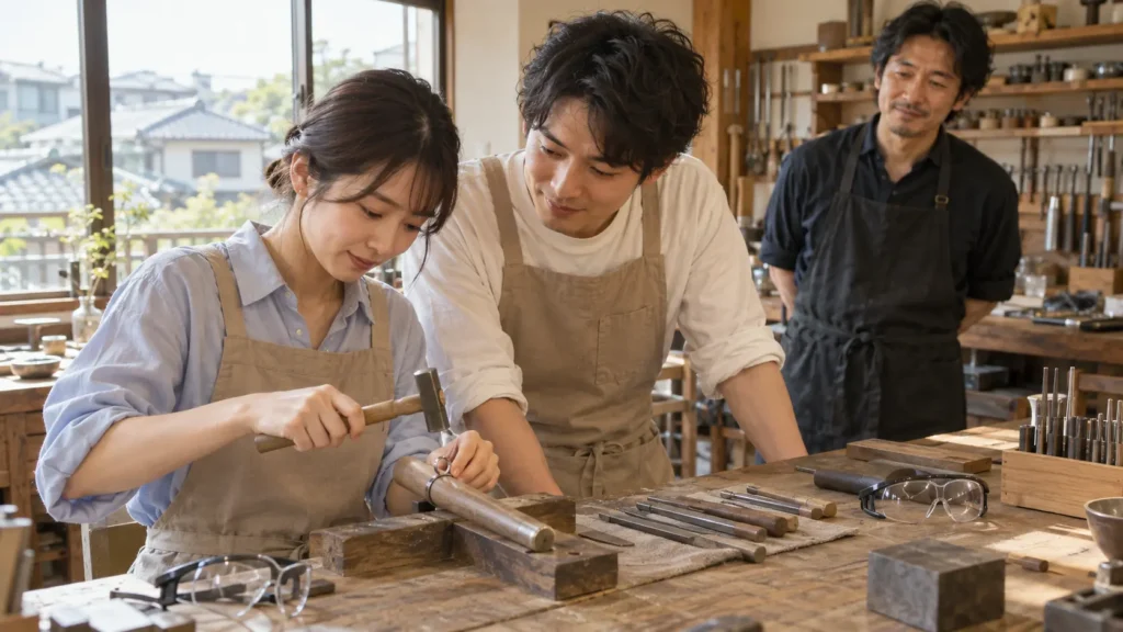 工房の作業台で、エプロン姿の二人が指輪棒に通した指輪を金槌でたたいているところ